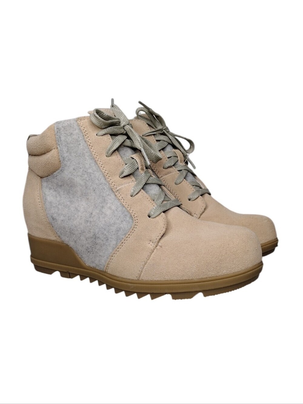 Sorel Evie Women's Beige Gray Suede Wedge Lace-Up Ankle Boots Sz 9.5